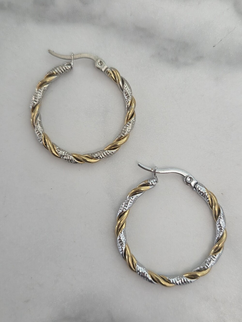 Two Tone Twisted Rope Hoop Earrings Silver Gold Stainless Steel